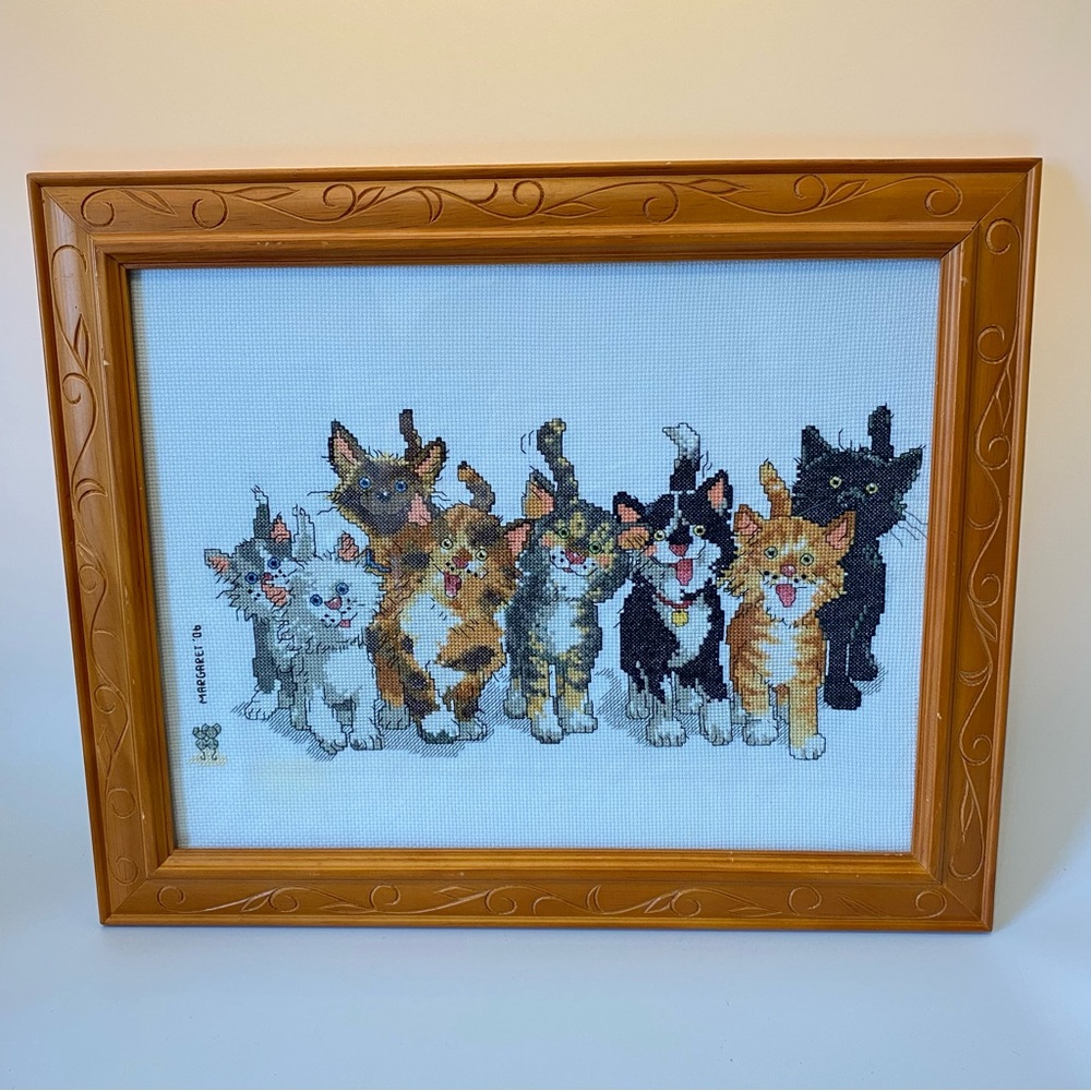 Vintage Framed Cat Cross Stitch Embroidery Art